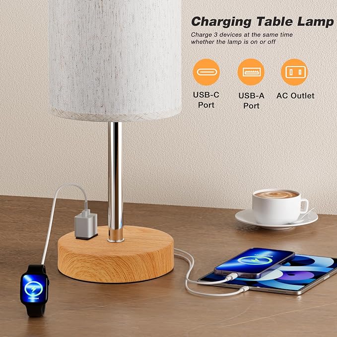 Touch Table Lamp - Cream, 3-Way Dimmable, USB A + C Charging, AC Outlet, 17.4inch Medium, Wood Grain Base - LeafyLoom