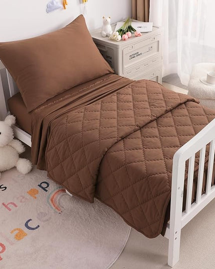 NTBAY Toddler Bedding Set - 4 Piece Soft and Breathable Crib Bedding Set for Boys and Girls, Includes Quilted Comforter, Fitted Sheet, Flat Top Sheet and Envelope Pillowcase, Brown - LeafyLoom