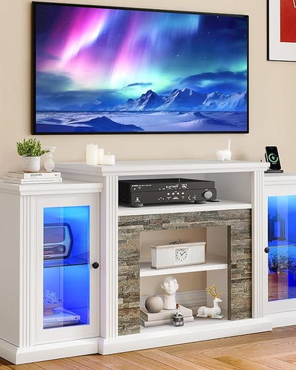 YITAHOME TV Stand for 65 55 Inch TV with LED Light & Power Outlets, 30'' Tall Highboy Entertainment Center TV Cabinets w/Glass Doors, Mid Century Modern TV Media Console Table for Living Room, White - LeafyLoom