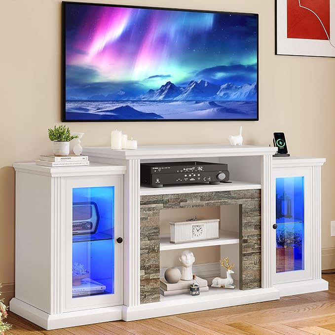 YITAHOME TV Stand for 65 55 Inch TV with LED Light & Power Outlets, 30'' Tall Highboy Entertainment Center TV Cabinets w/Glass Doors, Mid Century Modern TV Media Console Table for Living Room, White - LeafyLoom