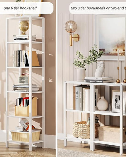 TUTOTAK Bookshelf, 6-Tier Tall Book Shelf, Narrow Bookcase for Small Space, DIY Stackable Bookshelf, for Living Room, Office, Study, Entryway, Industrial, White BS01BW006 - LeafyLoom