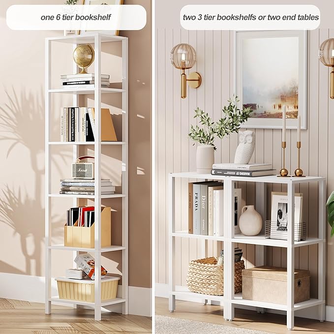 TUTOTAK Bookshelf, 6-Tier Tall Book Shelf, Narrow Bookcase for Small Space, DIY Stackable Bookshelf, for Living Room, Office, Study, Entryway, Industrial, White BS01BW006 - LeafyLoom