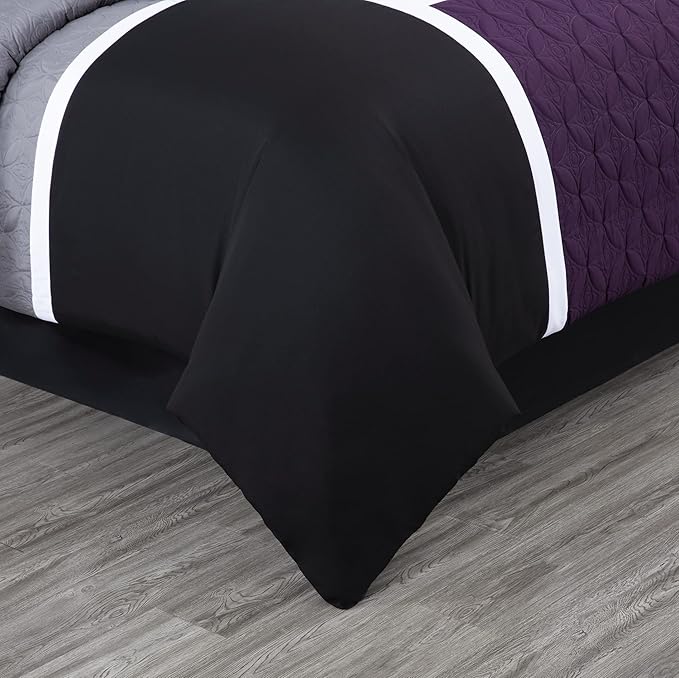Chezmoi Collection Upland 7-Piece Quilted Patchwork Comforter Set, Purple/Black/Gray, California King - LeafyLoom