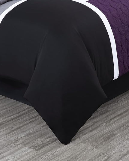 Chezmoi Collection Upland 7-Piece Quilted Patchwork Comforter Set, Purple/Black/Gray, Queen - LeafyLoom