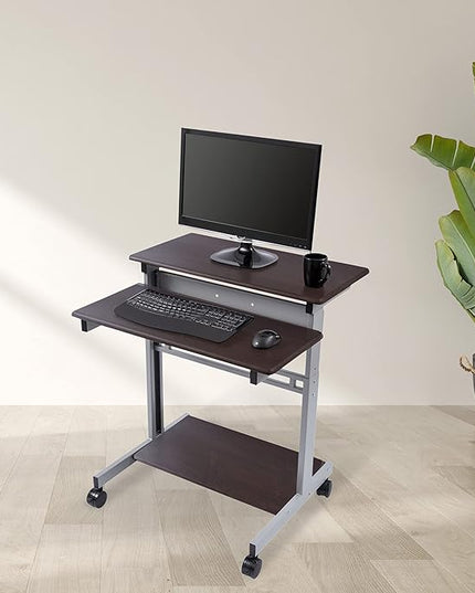 Stand Up Desk Store Rolling Adjustable Height Two Tier Standing Desk Computer Workstation (Silver Frame/Dark Walnut Top, 32" Wide) - LeafyLoom