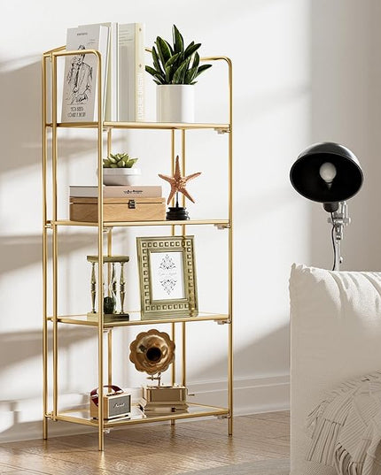 No Assembly Folding Bookshelf, 4 Tier Gold Bookshelf, Metal Book Shelf for Storage, Folding Bookcase for Office Organization and Storage, 12.6" D x 22.44" W x 55.51" H - LeafyLoom