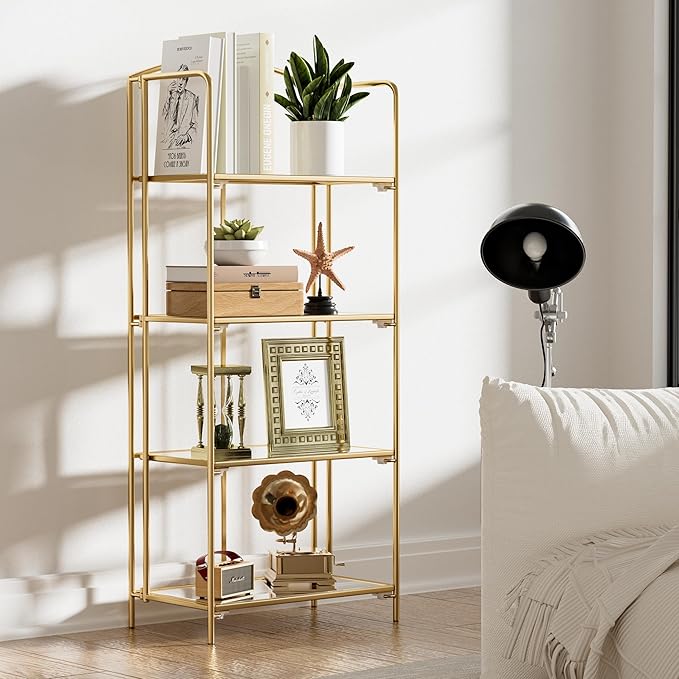No Assembly Folding Bookshelf, 4 Tier Gold Bookshelf, Metal Book Shelf for Storage, Folding Bookcase for Office Organization and Storage, 12.6" D x 22.44" W x 55.51" H - LeafyLoom
