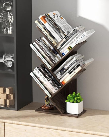 5 Tier Small Tree Bookshelf Desk Book Organizer Narrow Bookcases for Books Magazines CDs Free Standing Retro Wooden Storage Shelves for Home Office Bedroom Living Room Dark Walnut - LeafyLoom