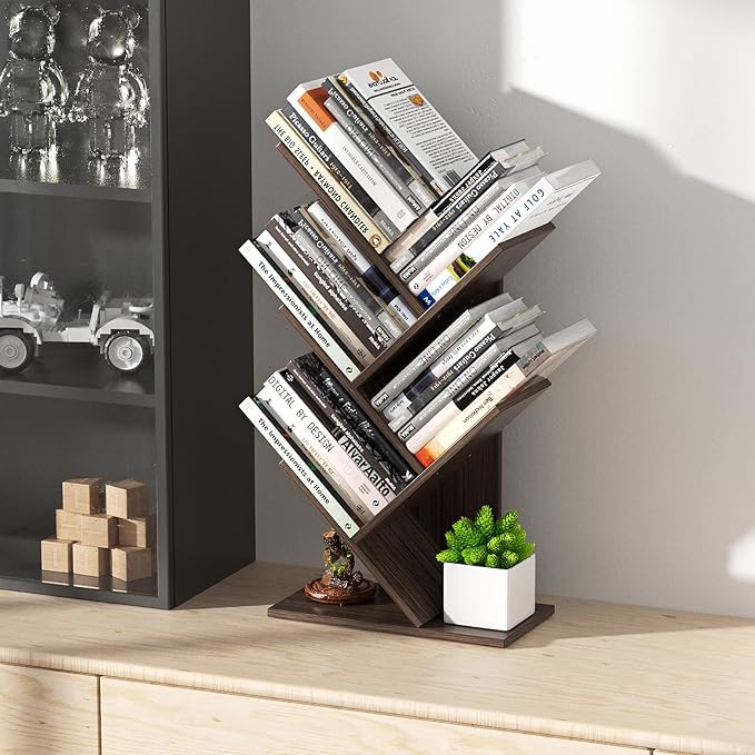 5 Tier Small Tree Bookshelf Desk Book Organizer Narrow Bookcases for Books Magazines CDs Free Standing Retro Wooden Storage Shelves for Home Office Bedroom Living Room Dark Walnut - LeafyLoom