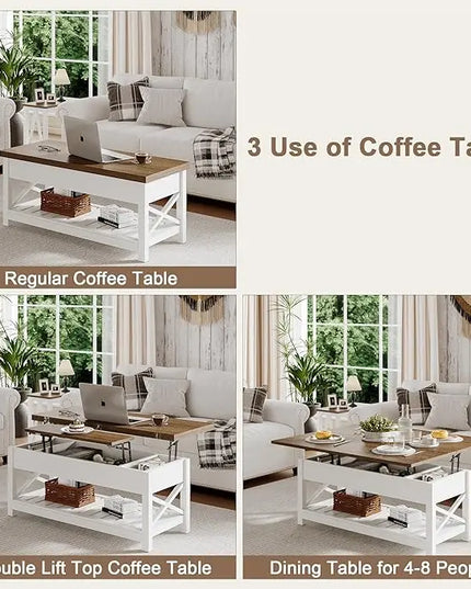 ChooChoo Farmhouse Lift Top Coffee Table, Multi-Function Convertible Coffee Table with Storage and Hidden Compartment, Coffee Table Converts to Dining Table for Living Room, 40 White & Brown - LeafyLoom
