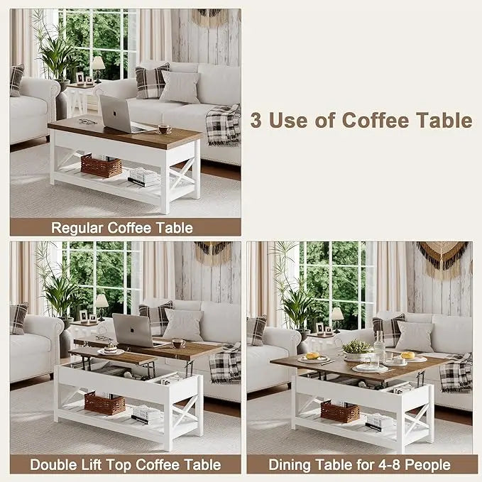 ChooChoo Farmhouse Lift Top Coffee Table, Multi-Function Convertible Coffee Table with Storage and Hidden Compartment, Coffee Table Converts to Dining Table for Living Room, 40 White & Brown - LeafyLoom