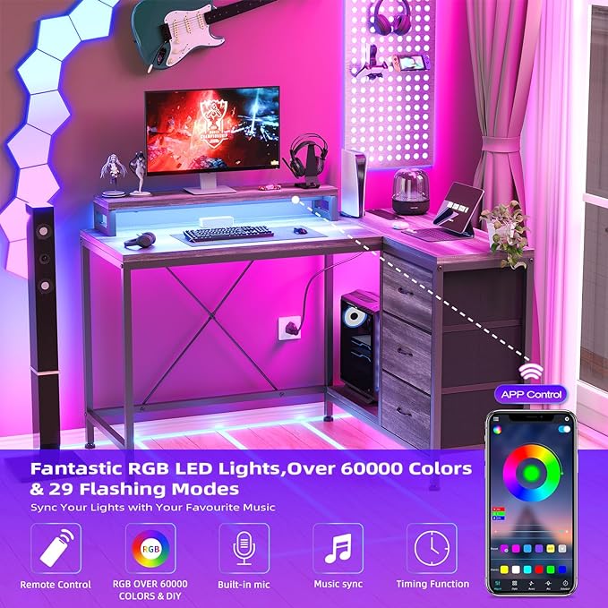 L Shaped Desk with Power Outlets & LED Lights, Computer Desk with Drawers & Shelves, Corner Desk Gaming Desk Home Office Desk, Oak - LeafyLoom