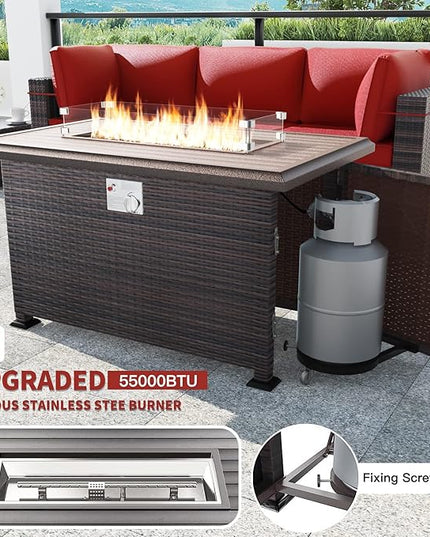 Kullavik 13 Pieces Outdoor Patio Furniture Set with 43" 55000BTU Gas Propane Fire Pit Table PE Wicker Rattan Sectional Sofa Patio Conversation Sets,Red - LeafyLoom