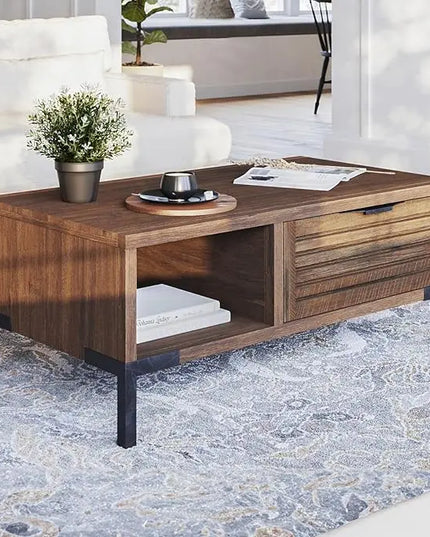 Bme Millie Solid Wood Coffee Tables, Industrial Modern Living Room Center Desk with 2 Storage Drawers & Fully Assembled, Rustic Chestnut - LeafyLoom