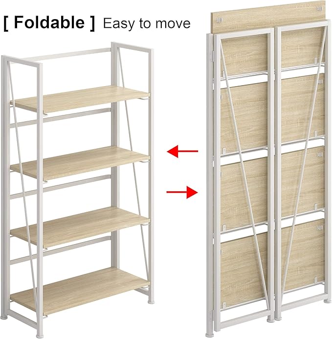 4NM No-Assembly Folding Bookshelf Storage Shelves 4 Tiers Vintage Bookcase Standing Racks Study Organizer Home Office (Natural and White) - LeafyLoom