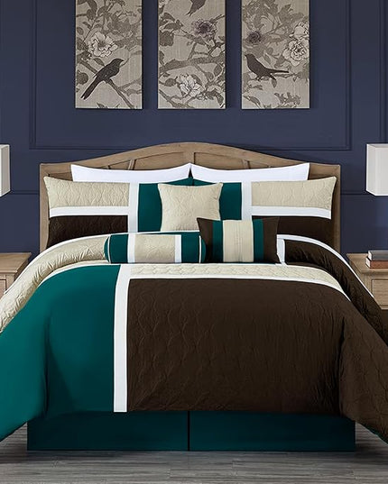 Chezmoi Collection Upland 7-Piece Quilted Patchwork Comforter Set, Teal/Beige/Brown, King - LeafyLoom