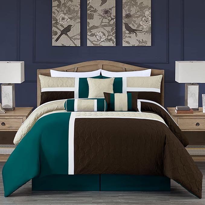 Chezmoi Collection Upland 7-Piece Quilted Patchwork Comforter Set, Teal/Beige/Brown, King - LeafyLoom