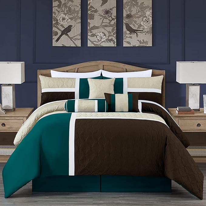 Chezmoi Collection Upland 7-Piece Quilted Patchwork Comforter Set, Teal/Beige/Brown, Queen - LeafyLoom