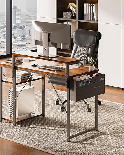 AODK 40 Inch Computer Desk with Adjustable Monitor Stand, Work Writing Desk with Shelves, PC Desk Workstation, Vintage Home Office Desk - LeafyLoom