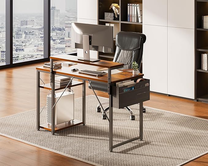 AODK 40 Inch Computer Desk with Adjustable Monitor Stand, Work Writing Desk with Shelves, PC Desk Workstation, Vintage Home Office Desk - LeafyLoom