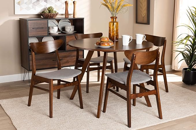 Baxton Studio Philip Mid-Century Modern Transitional Light Grey Fabric Upholstered and Walnut Brown Finished Wood 5-Piece Dining Set - LeafyLoom