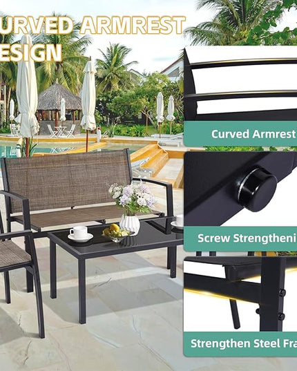 4 Pieces Patio Furniture Set Outdoor Garden Patio Conversation Sets Poolside Lawn Chairs with Tempered Glass Coffee Table Loveseat Porch Furniture Textilene Fabric Yellow - LeafyLoom