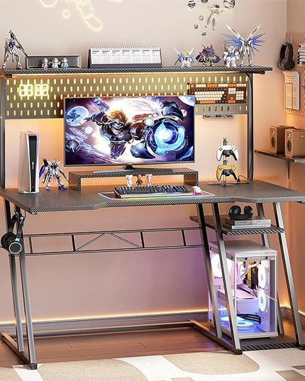 Gaming Computer Desk with Shelves and Outlets, Gaming Desk with Hutch and LED Lights, Reversible PC Gaming Desk with Pegboard, Carbon Fiber Black 47'' - LeafyLoom
