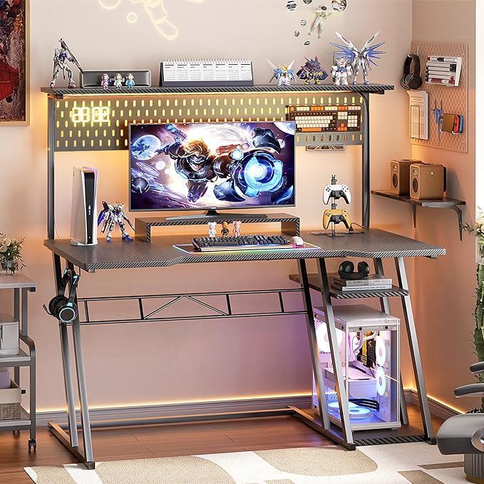 Gaming Computer Desk with Shelves and Outlets, Gaming Desk with Hutch and LED Lights, Reversible PC Gaming Desk with Pegboard, Carbon Fiber Black 47'' - LeafyLoom