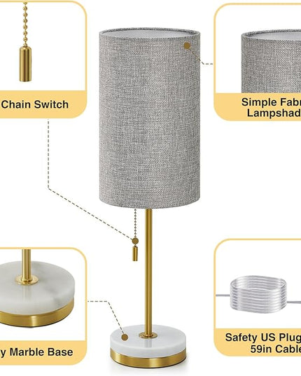 Luvkczc Minimalist Table Lamp Set of 2, Nightstand Lamp for Bedroom Living Room, Modern Pull Chain Bedside Lamp with Marble Base, Fabric Shade, Small Desk Lamp for Home, Office, Reading,Grey - LeafyLoom