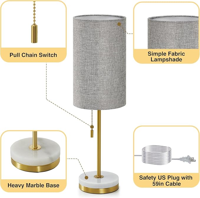 Luvkczc Minimalist Table Lamp Set of 2, Nightstand Lamp for Bedroom Living Room, Modern Pull Chain Bedside Lamp with Marble Base, Fabric Shade, Small Desk Lamp for Home, Office, Reading,Grey - LeafyLoom