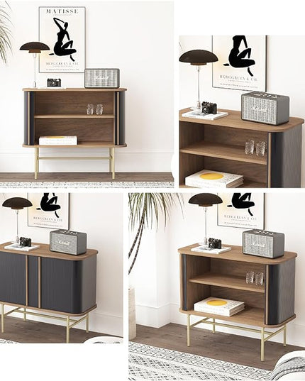 roomfitters Sideboard Buffet Cabinet with Sliding Doors, Mid Century Modern Credenza with 2 Tambour Doors, Minimalist Accent Storage Cabinet for Living Room, Media Console with Storage, Walnut Black - LeafyLoom