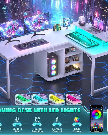 Cyclysio L Shaped Gaming Desk with Wood Cabinet, 58" Large Corner Desk with LED Lights & Power Outlet, Reversible Computer Desk with Monitor Stand, Home Office Desk 2 Person Corner Desk, White - LeafyLoom