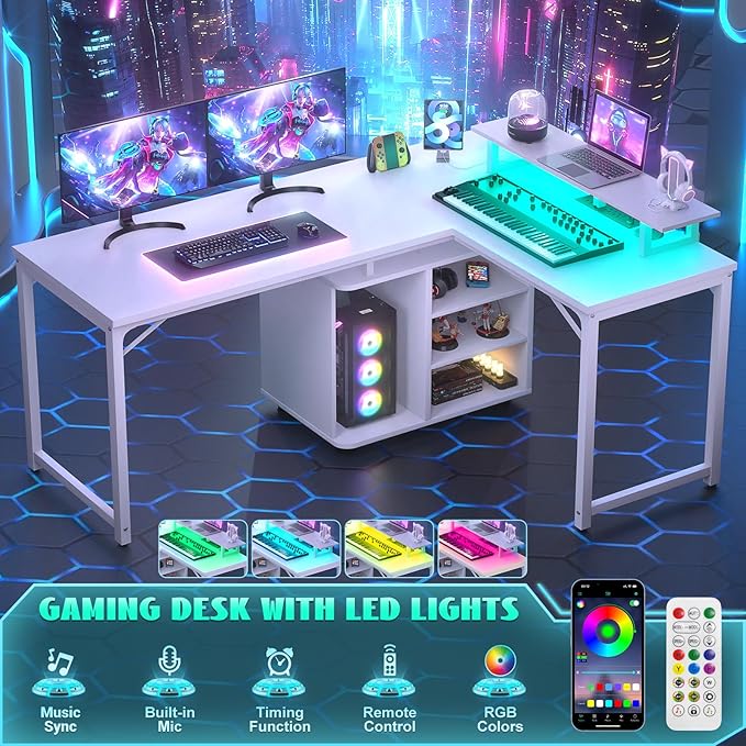 Cyclysio L Shaped Gaming Desk with Wood Cabinet, 58" Large Corner Desk with LED Lights & Power Outlet, Reversible Computer Desk with Monitor Stand, Home Office Desk 2 Person Corner Desk, White - LeafyLoom