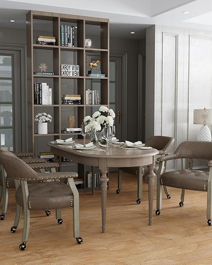 Large Dining Chairs with Casters and Arms, Rolling Dining Chairs with Wheels, Solid Wood Boss Caption's Chairs Office Chairs, 26"D x 25.2"W x 31.5"H, Soft Grey Legs & Dark Brown SY-1318-DK - LeafyLoom