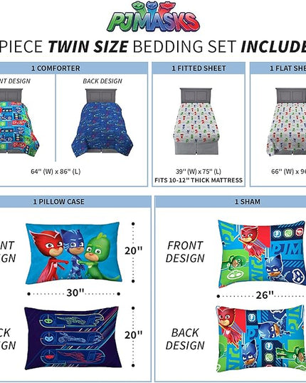 Franco Kids Bedding Super Soft Comforter and Sheet Set with Sham, 5 Piece Twin Size, PJ Masks - LeafyLoom
