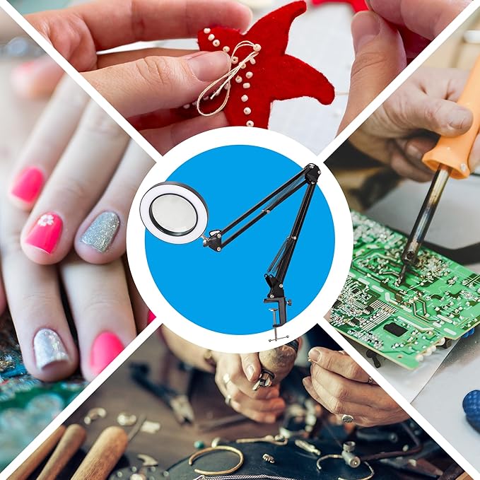 8X Magnifying Glass with Light, 3 Color Modes Stepless Dimmable 8-Diopter Real Glass Lens Magnifier with Light Desk Lamp Clamp Swivel Arm for Crafts Workbench - LeafyLoom