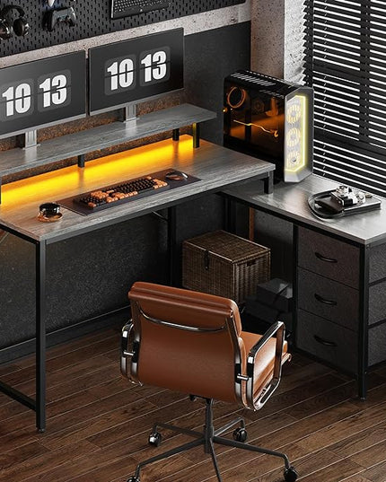 Reversible L Shaped Computer Desk with Drawers, Gaming Desk with LED Lights and Power Outlets, Office Desk with Storage Shelves, Corner Desk with Monitor Stand, for Home & Office, Gray - LeafyLoom