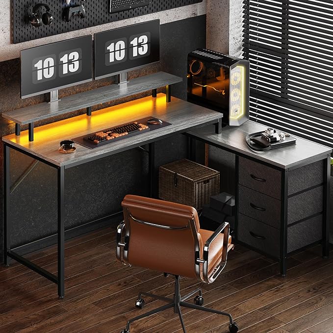 Reversible L Shaped Computer Desk with Drawers, Gaming Desk with LED Lights and Power Outlets, Office Desk with Storage Shelves, Corner Desk with Monitor Stand, for Home & Office, Gray - LeafyLoom