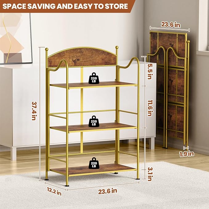 Folding Bookshelf No Assembly, 3 Shelf Gold Folding Bookcase,Industrial Small Metal Corner Display Book Shelf with Storage Shelves for Bedroom,Living Room, Home Office - LeafyLoom