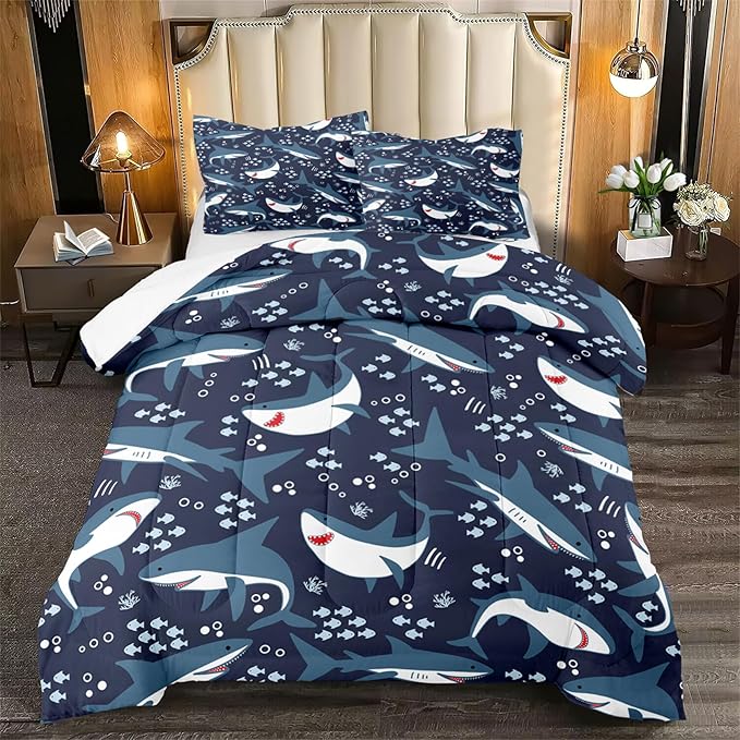 Shark Bedding Set for Boys Bedroom - 3Pcs Full Size Cartoon Sharks Comforter Set for Boys Kids Drak Blue Sea Animal Theme Bedding Set for Kids Room Decor Sharks Pattern Comforter with 2 Pillowcases - LeafyLoom