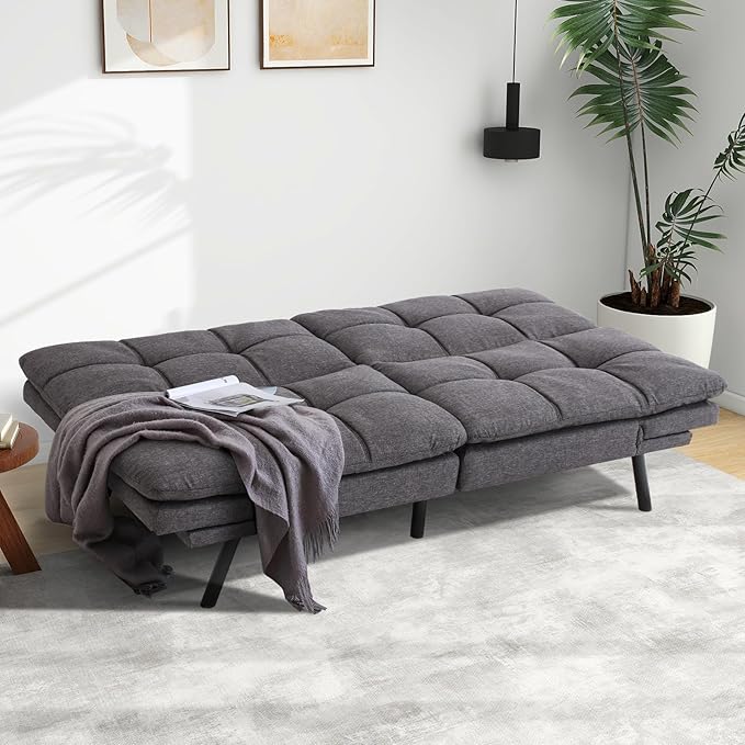 MUUEGM Futon Sofa Bed Couch - Convertible Sofa Bed, Loveseat Sleeper Sofa with Adjustable Backrest, Memory Foam Folding Futon for Living Room, Small Space, Apartment, Office, Grey - LeafyLoom