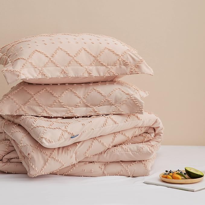 Bedsure Full Size Comforter Set - Coral Pink Comforter, Boho Tufted Shabby Chic Bedding Comforter Set, 3 Pieces Vintage Farmhouse Bed Set for All Seasons, Fluffy Bedding Set with 2 Pillow Shams - LeafyLoom