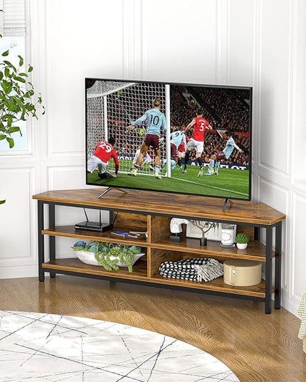 Unikito 55'' Corner TV Stand with Power Outlet, Corner Entertainment Center TV Console Table with 4 Open Storage Shelves, Metal Frame for Living Room, Bedroom, Industrial 60'' Corner TV Stand, Rustic - LeafyLoom