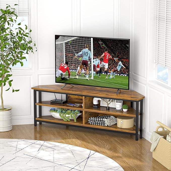 Unikito 55'' Corner TV Stand with Power Outlet, Corner Entertainment Center TV Console Table with 4 Open Storage Shelves, Metal Frame for Living Room, Bedroom, Industrial 60'' Corner TV Stand, Rustic - LeafyLoom