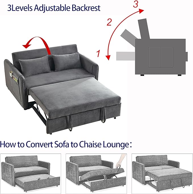 Modern Convertible Loveseat Sofa Bed, Compact Functional Love Seat,Comfy Velvet Sleeper Sofabed 3 in1 Recliner Sofa&Couch with Removable Side Pockets for Small Space Living Room/Guest Room - LeafyLoom