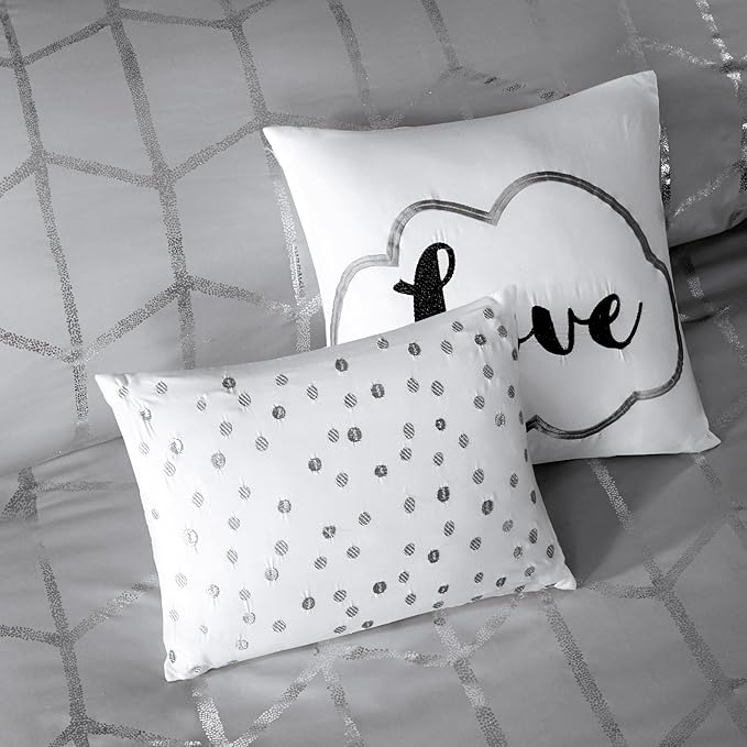 Intelligent Design Raina Twin / Twin XL Comforter Set, Soft Microfiber Comforter Set Twin, Modern Geometric Metallic Bed Set, 4 Pieces College Bedding Comforter Set with 1 Sham, 2 Toss Pillows Grey - LeafyLoom