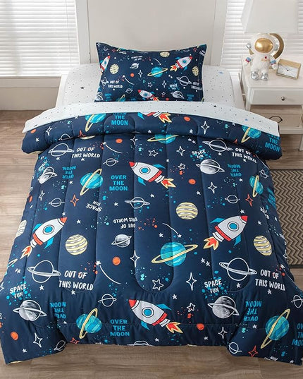 Planet Twin Comforter Set for Boys Girls 4-Piece Rocket Kids Bedding Sets Galaxy Space Stars Bedroom Decor - Include Reversible Comforter, Flat Sheet, Fitted Sheet and Pillowcase - LeafyLoom