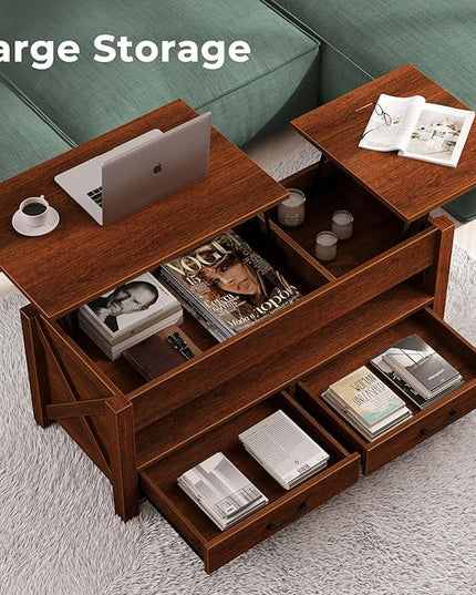 Seventable Coffee Table, 47.2" Lift Top Coffee Table with 2 Storage Drawers and Hidden Compartment, Farmhouse Center Table with Wooden Lift Tabletop, for Living Room,Espresso - LeafyLoom