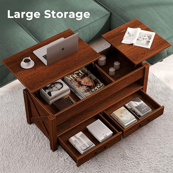Seventable Coffee Table, 47.2" Lift Top Coffee Table with 2 Storage Drawers and Hidden Compartment, Farmhouse Center Table with Wooden Lift Tabletop, for Living Room,Espresso - LeafyLoom