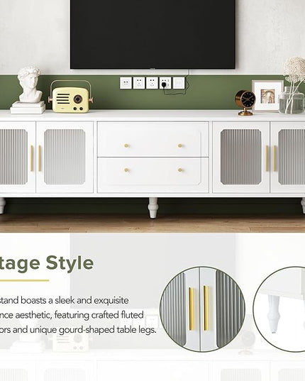 Merax Retro Design TV Stand with Fluted Glass Doors and 2 Drawers and Cabinets for Televisions Up to 78'', Practical Media Console, Elegant Entertainment Center for Living Room, White - LeafyLoom